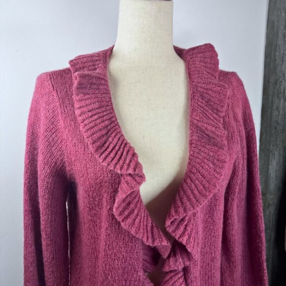 KIABI WOMAN Fuchsia Pink Purple Ruffle Wool Mohair Blend Cardigan Sweater Size L - Picture 3 of 15